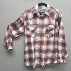 BTC Shirt Mens Large Tall Plaid Flannel Western Pearl Snap Red Gray Long Sleeve